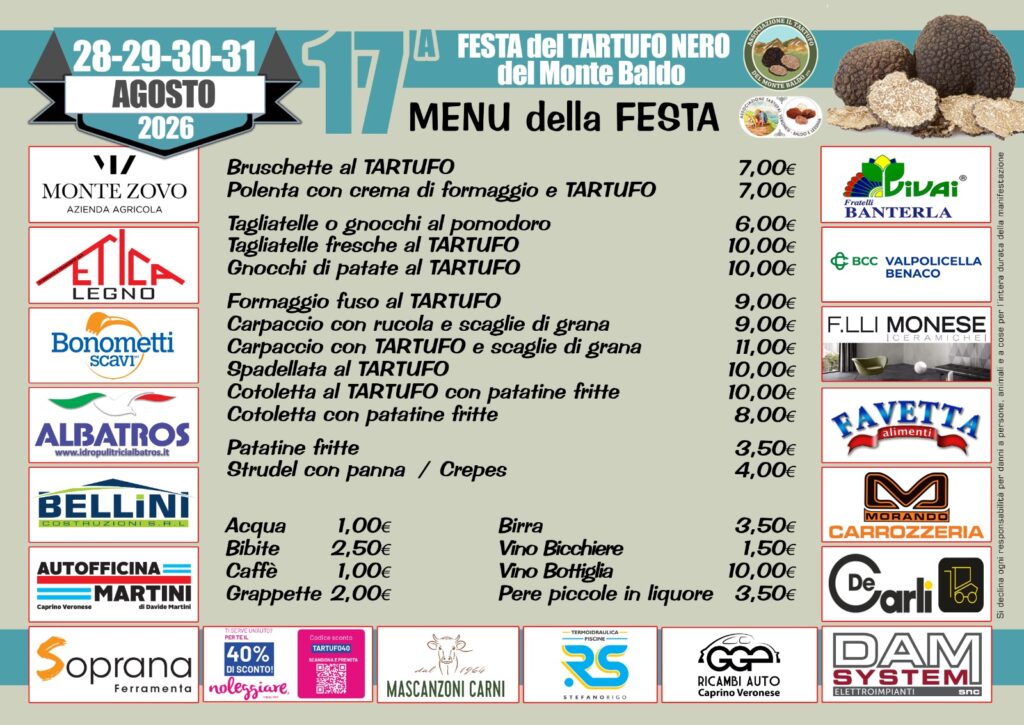 Menu della 17^ Fiera del Tartufo Nero del Monte Baldo