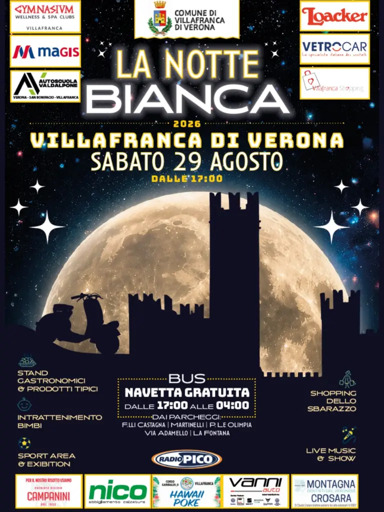 Locandina Notte Bianca di Villafranca di Verona. Sabato 29 agosto 2026